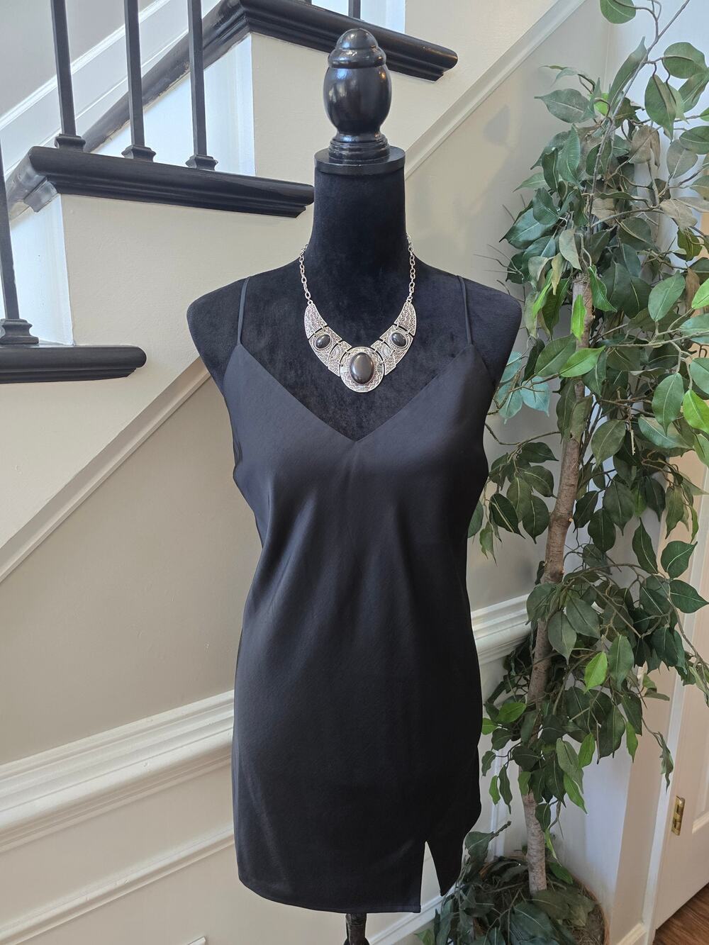 A New Day Slip Mini Dress Women's Medium Black Side Slit V-Neck Spaghetti Strap
